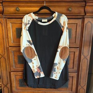 Filly Flair Black Top with Artistic Sleeves and Tan Elbow Patches